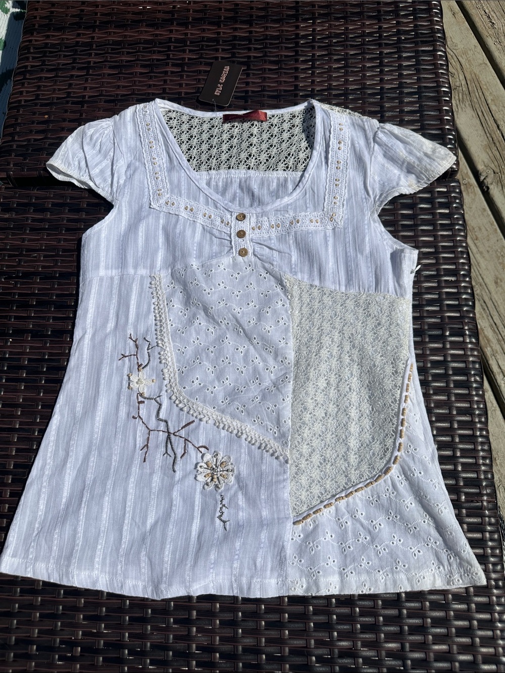 Embroidered White Patchwork Scoop Neck Top
